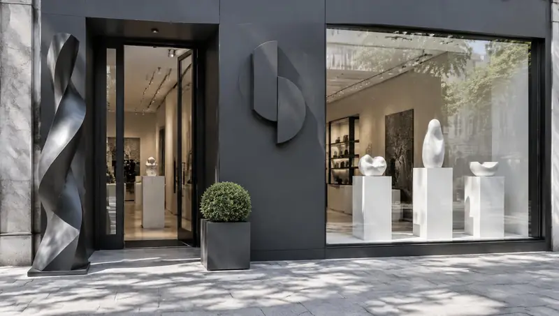 Lüks mağaza girişinde özel üretim grafit fiberglass heykel, rölyef logo paneli ve vitrin teşhir kaideleri